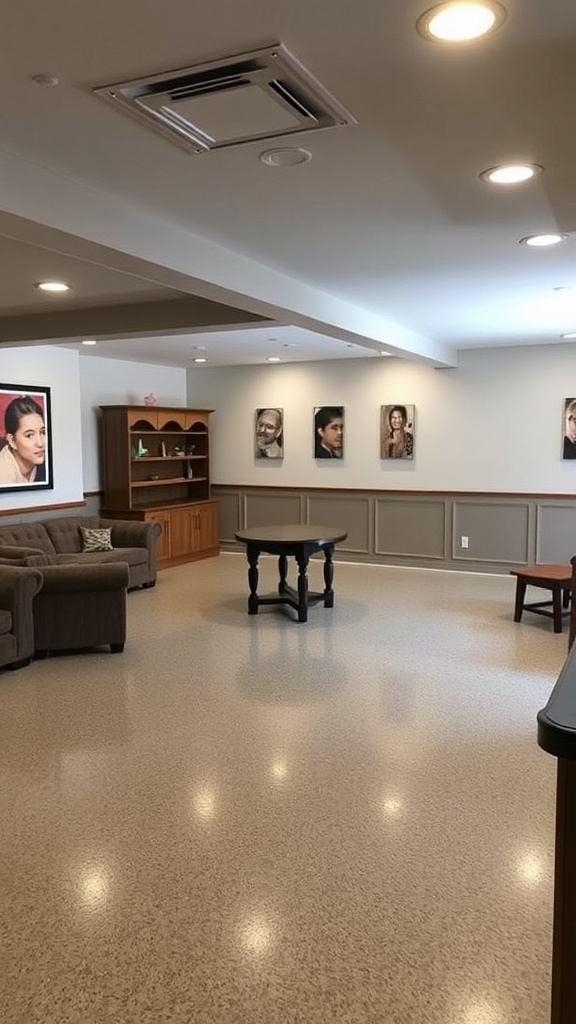Colorful epoxy floor design in a basement featuring pink, green, and blue patterns