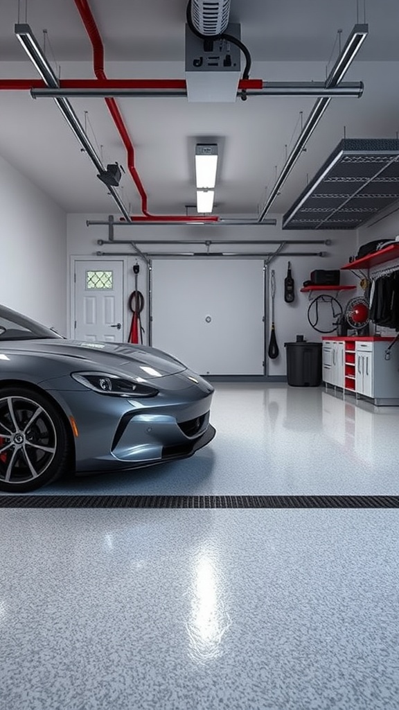 A modern garage with a seamless epoxy floor featuring gray, blue, and black designs.
