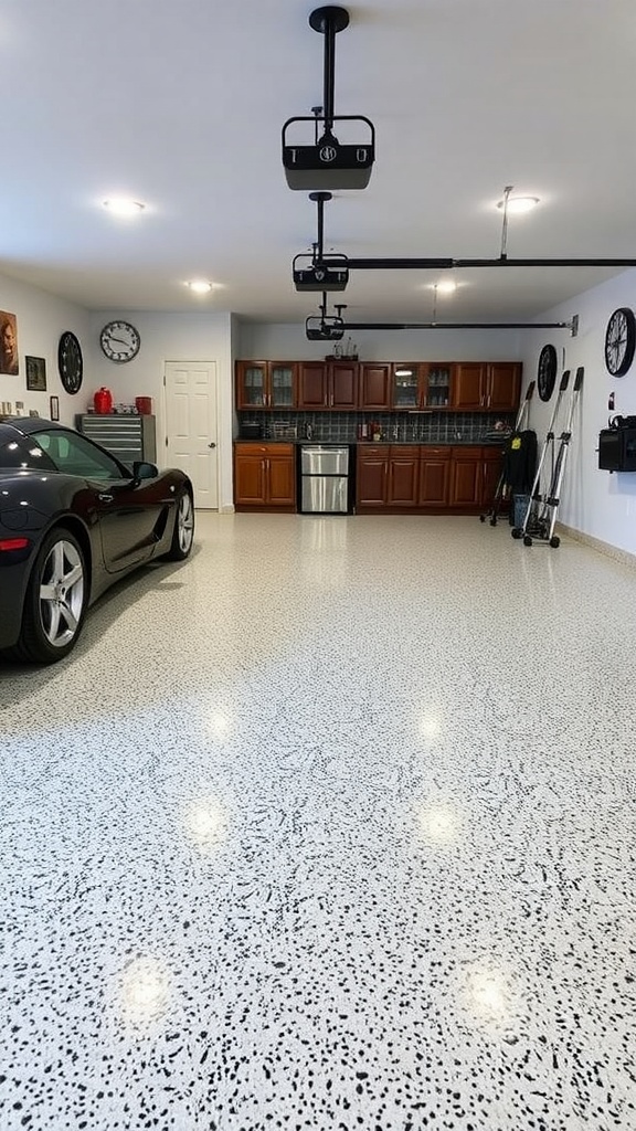 A colorful garage with a vibrant epoxy floor featuring flowing patterns in deep hues.