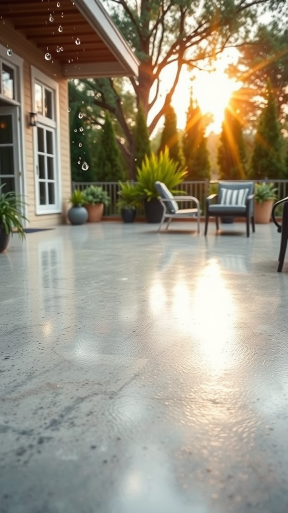 Colorful epoxy flooring with sun and circle patterns in a sunny outdoor setting