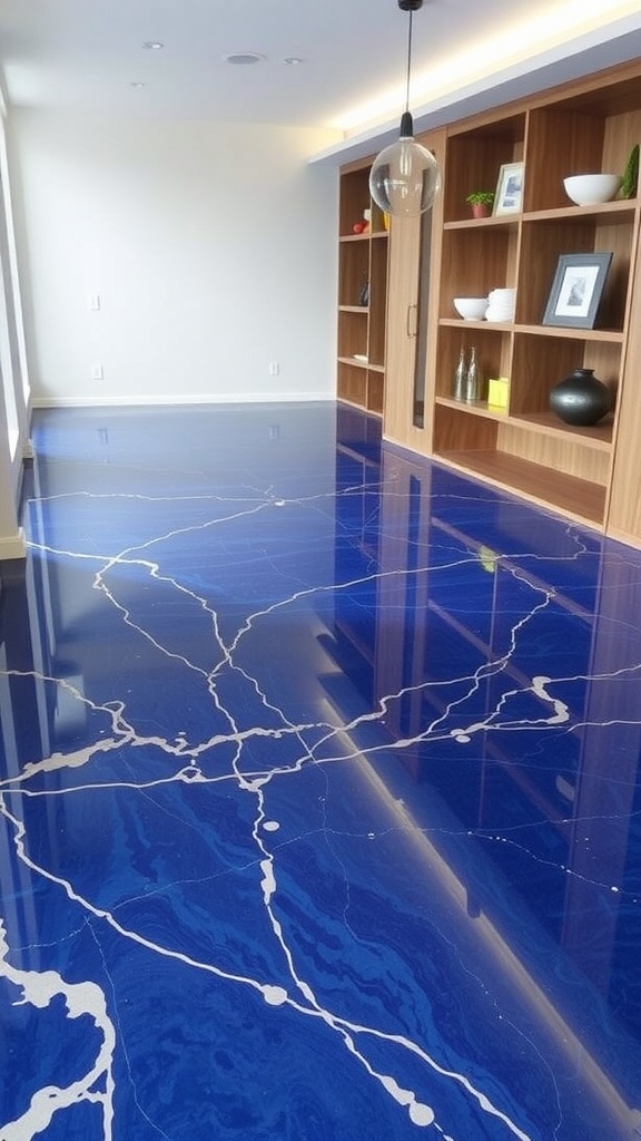 Colorful epoxy flooring design with artistic patterns in a modern interior