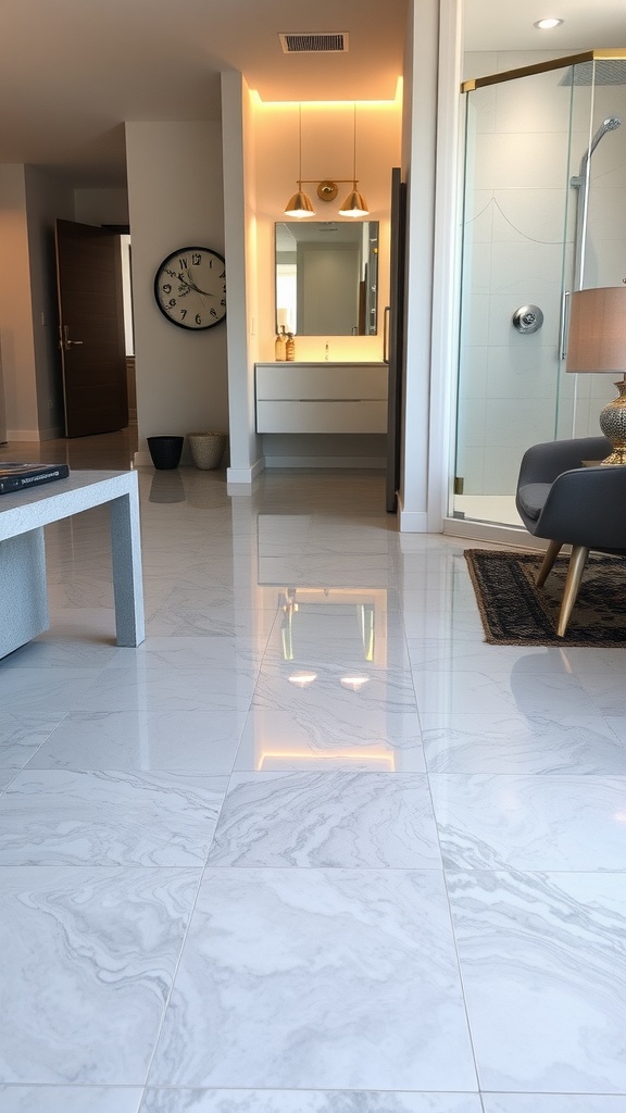 Sleek high-gloss epoxy flooring in a modern bathroom setting
