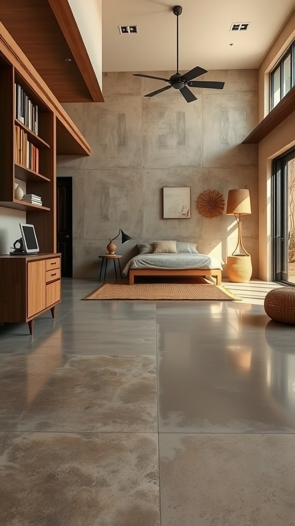 Living room with rustic cement floor and warm tones