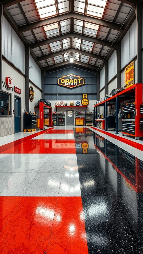 A colorful epoxy floor in a workshop featuring bold red, black, and gray color blocks.