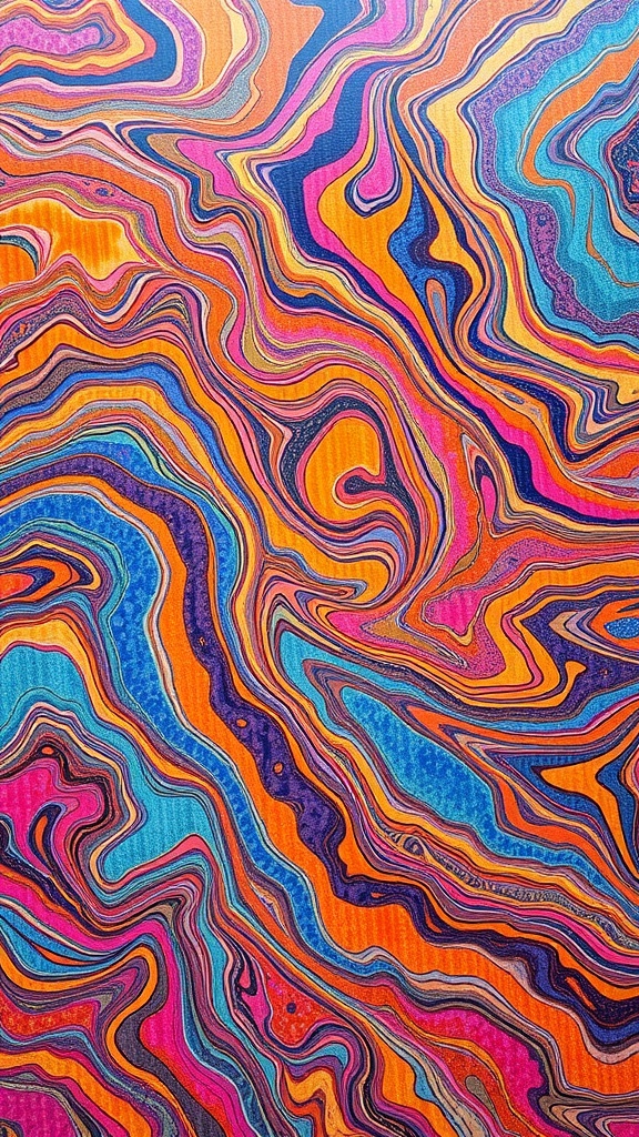 Colorful metallic marble epoxy flooring pattern with swirls of purple, blue, and orange.