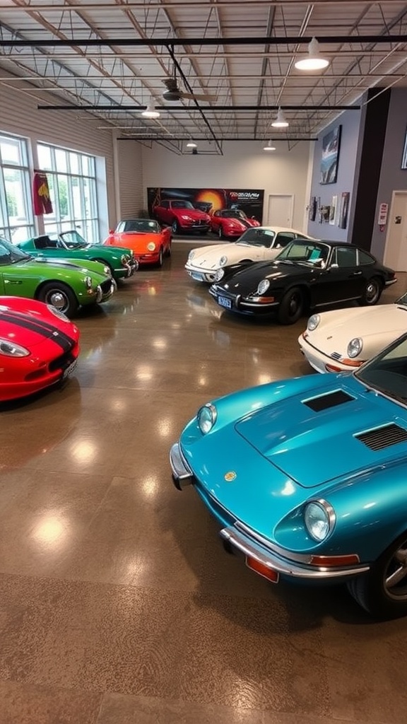 Colorful display of epoxy flooring samples in a showroom