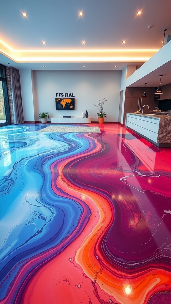 Color gradient epoxy resin floor in modern interior