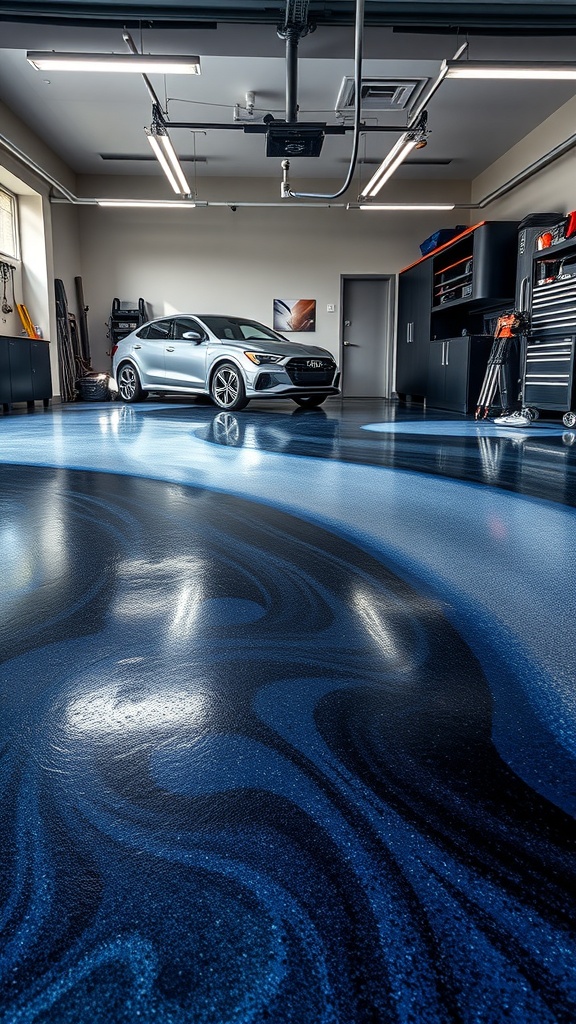 A garage with a striking black and blue epoxy floor design featuring a car parked inside.