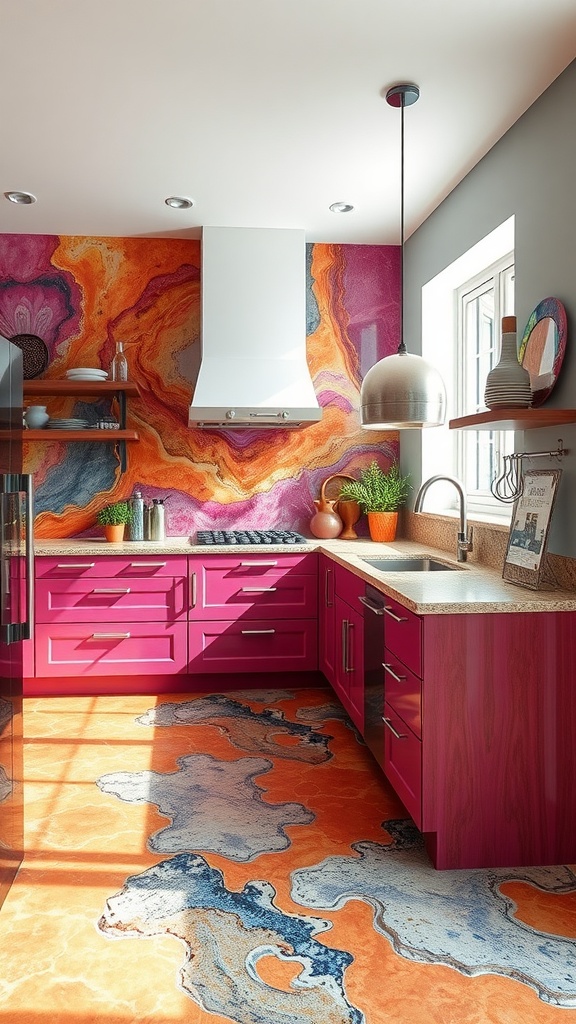 A modern kitchen featuring colorful epoxy flooring with swirling patterns and vibrant lights.