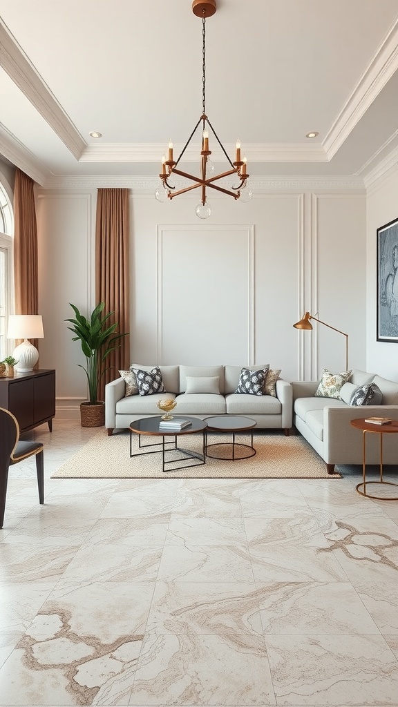 A stylish living room featuring light marbled epoxy flooring, neutral colored furniture, and elegant decor.