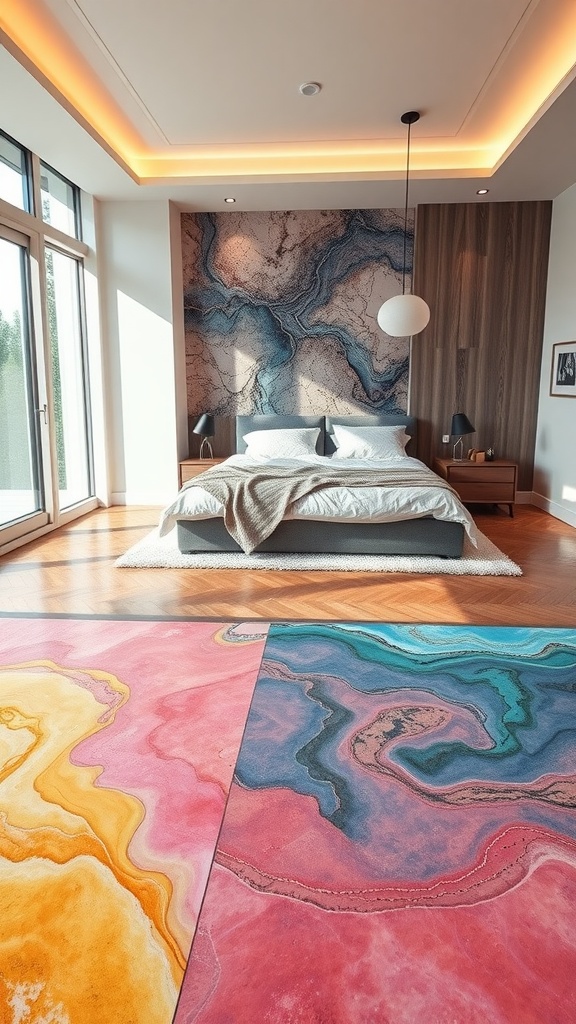 A modern bedroom with colorful epoxy concrete floors featuring swirls of pink, yellow, and blue.
