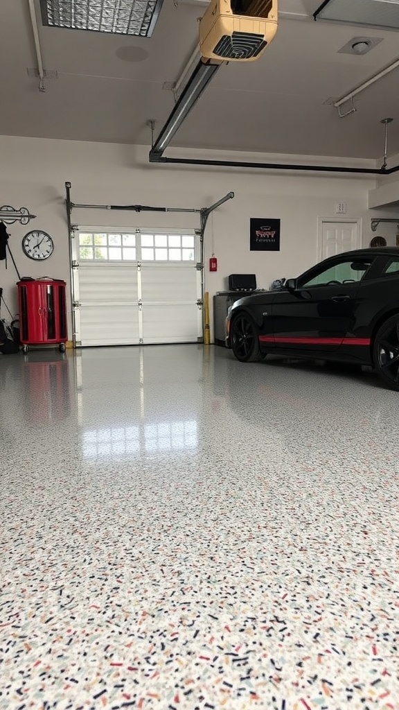 Garage floor transformation showing before and after with speckled finish.