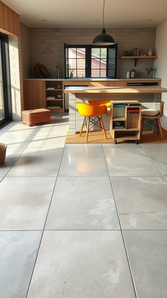 A modern kitchen with rustic cement flooring displaying light tones and warm wood accents.