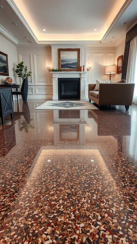 A stylish living area featuring a luxury epoxy floor with a chevron pattern, soft gray walls, and modern furniture.