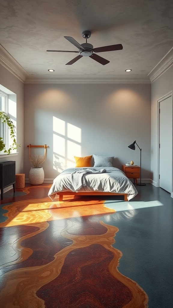 A cozy bedroom with a soft green wall, wooden bed frame, and colorful accent furniture.