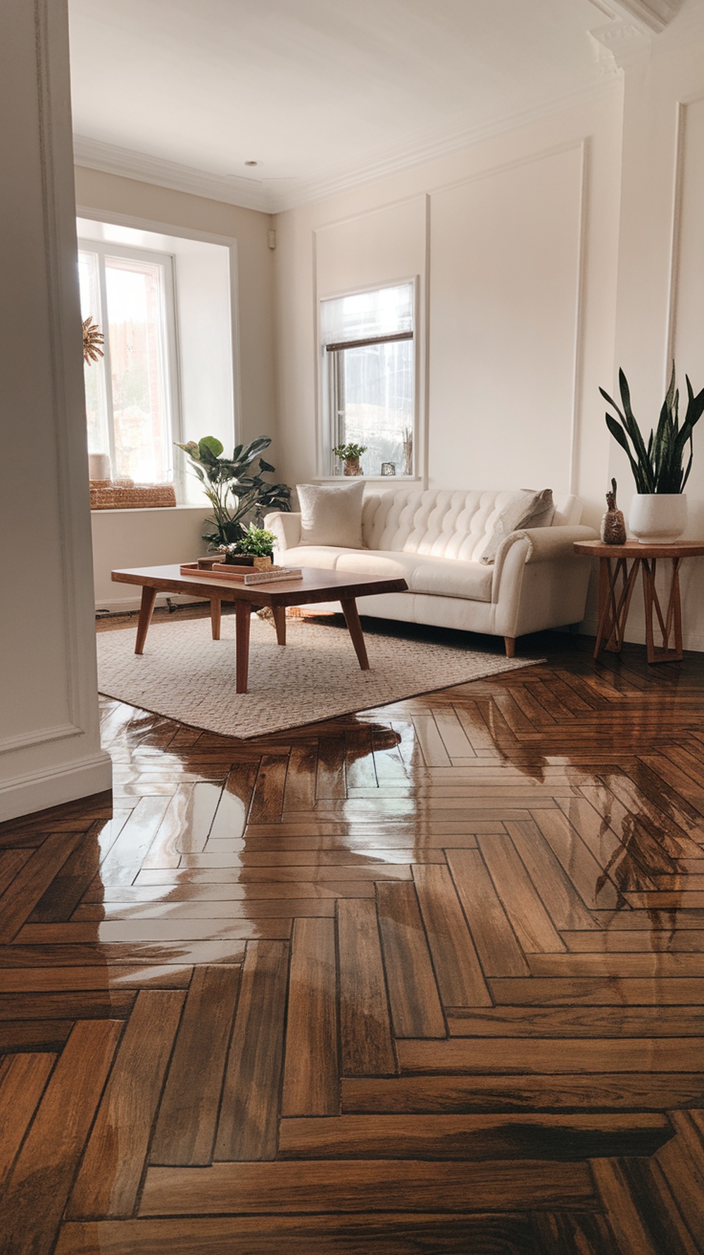 A living room with herringbone stamped concrete flooring that resembles wood, featuring a cozy sofa and plants.