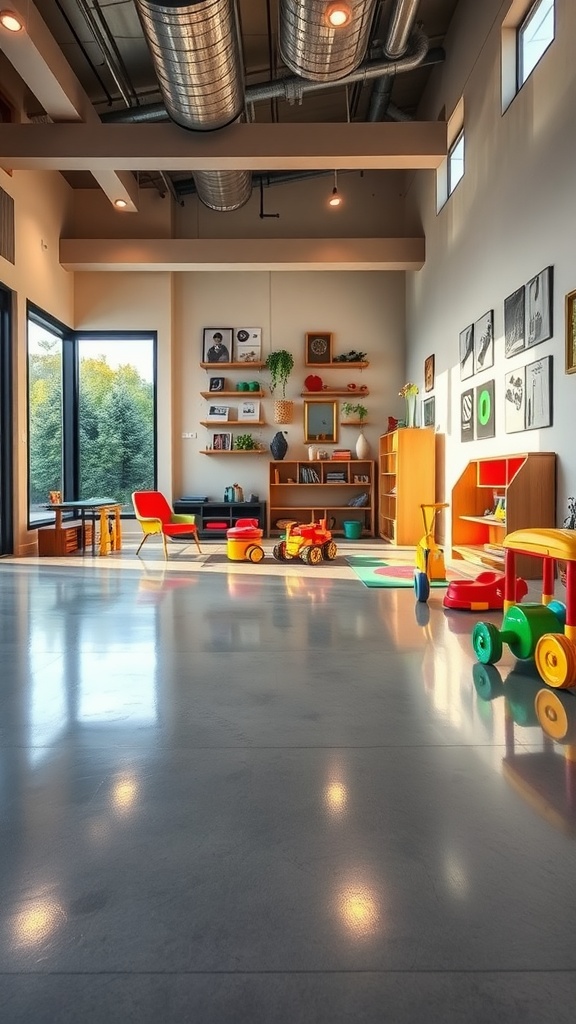 A bright playroom featuring colorful furniture and polished concrete flooring.