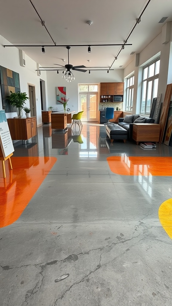 A modern living space featuring colorful epoxy floors with gray polished concrete