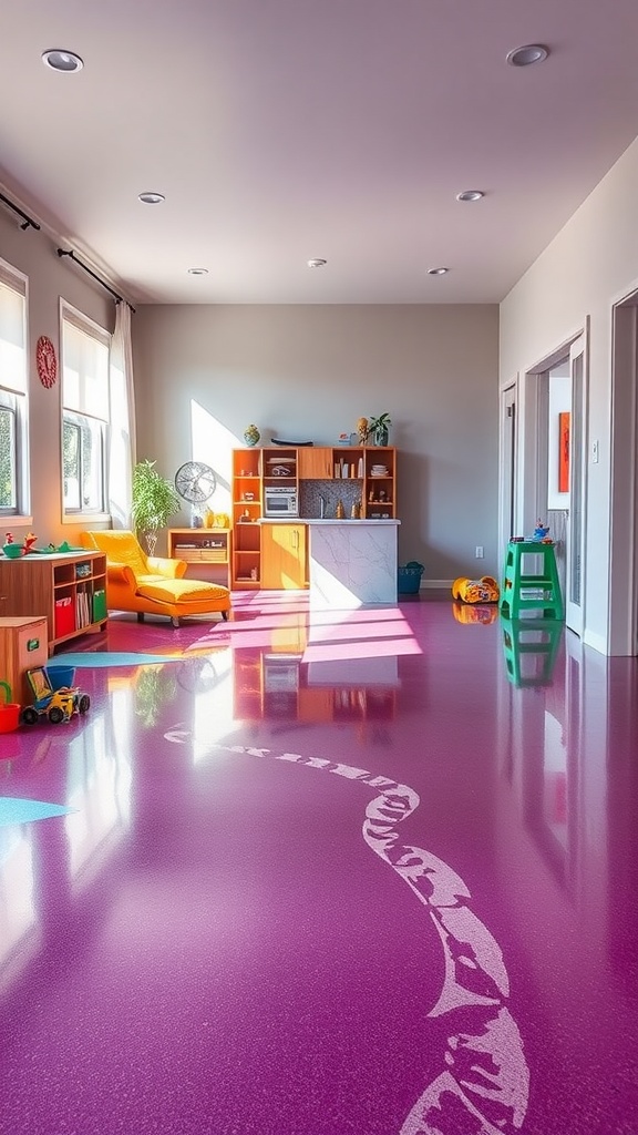 A vibrant room featuring a purple epoxy floor with playful patterns, complemented by colorful furniture.