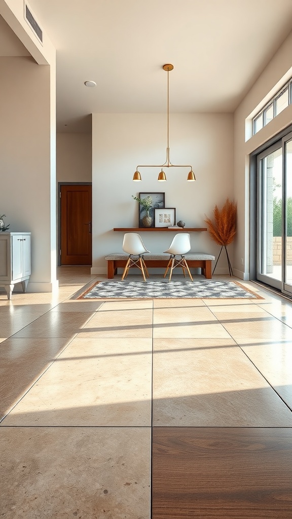 A bright and modern interior space featuring a mix of colored epoxy flooring and natural light.