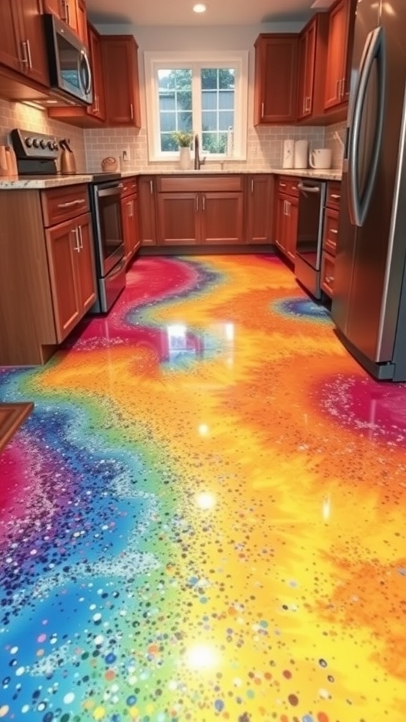 A colorful flake epoxy floor design in a modern living room.