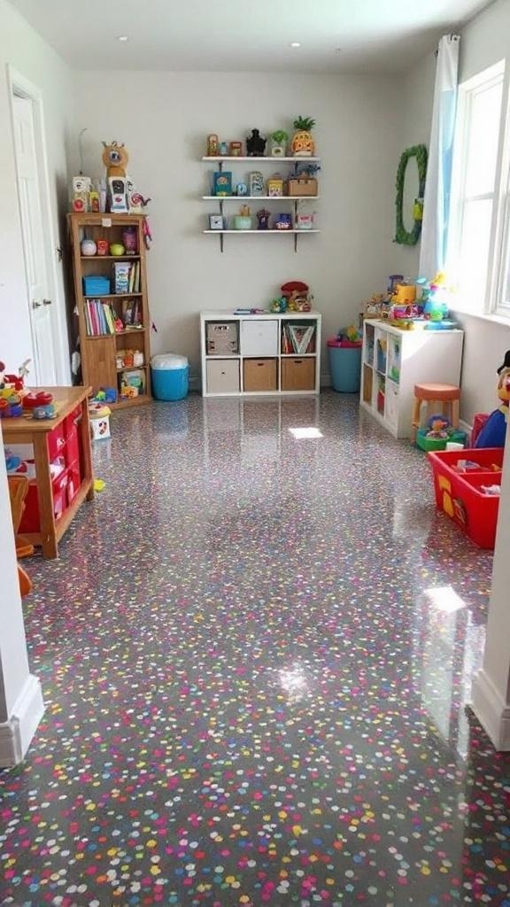 A colorful epoxy floor with confetti design in a playroom filled with toys.