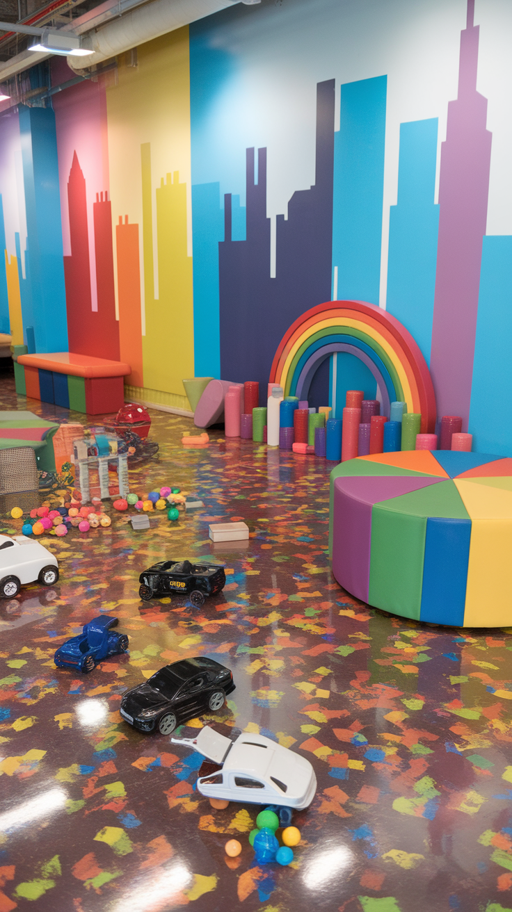Colorful epoxied floor with confetti design and playful decor.