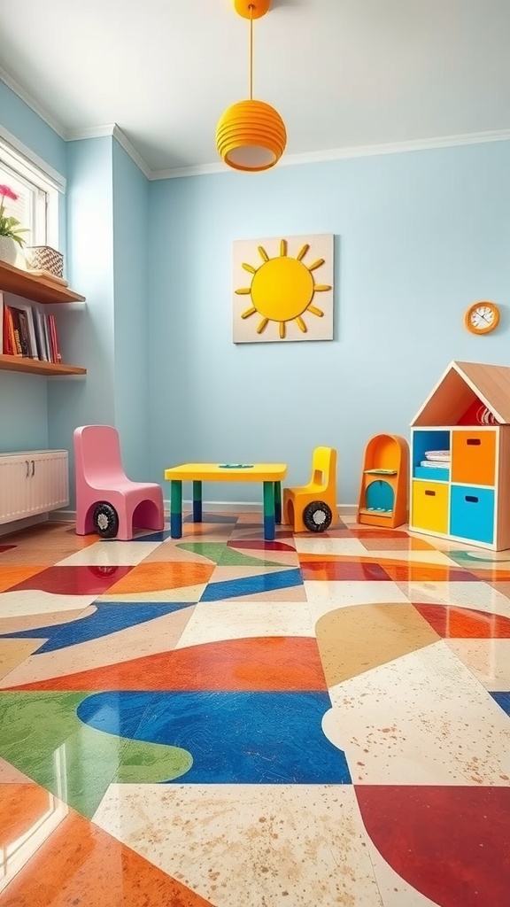 A colorful room with confetti epoxy flooring and matching confetti walls