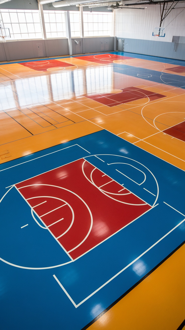 A brightly colored sports court with markings for basketball and volleyball, featuring an epoxy finish.