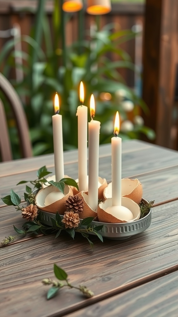 A decorative arrangement of egg shell candles on a wooden table surrounded by greenery