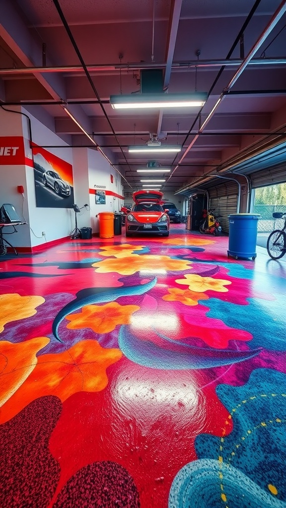 A stylish garage with colorful epoxy flooring, featuring a logo and a modern design.