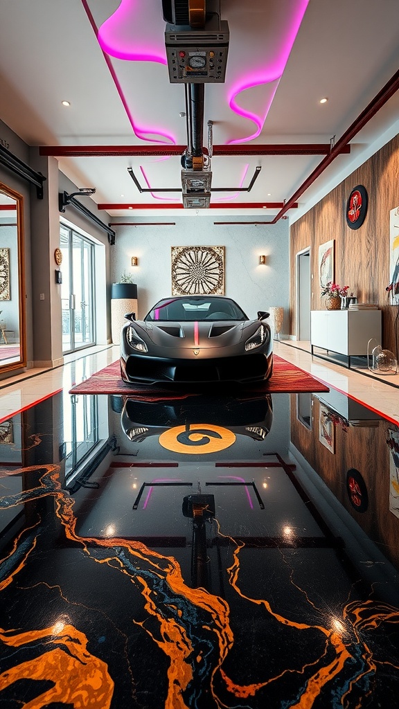 A modern garage with a sleek black car on a colorful metallic epoxy floor featuring orange swirls.