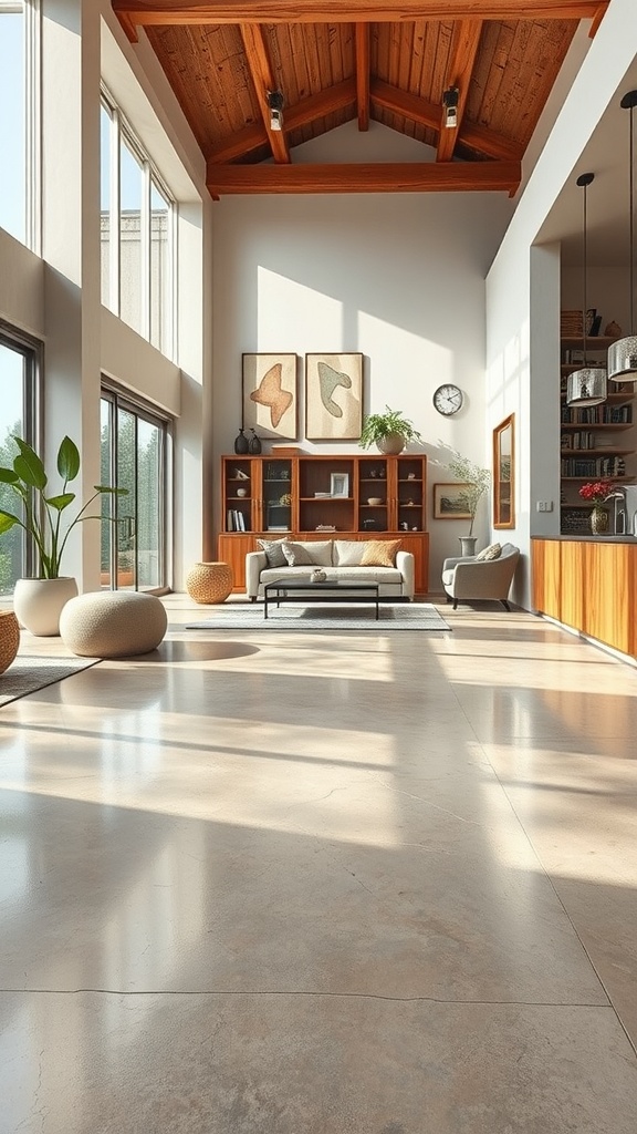 A spacious living room featuring polished concrete floors, wooden beams, and modern decor.
