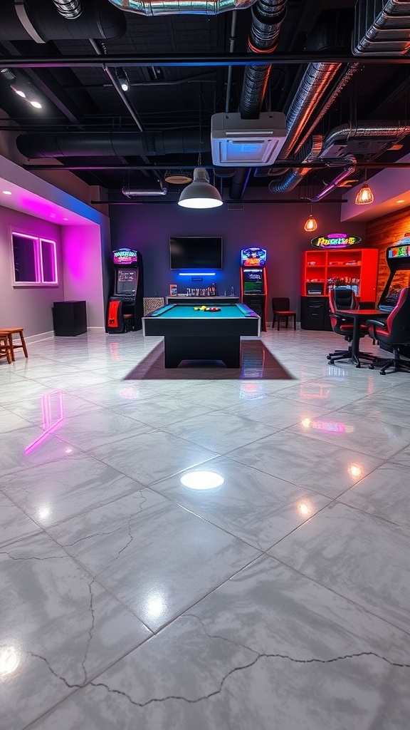 A stylish game room with a glossy marble-style epoxy floor, arcade machines, and colorful lighting.