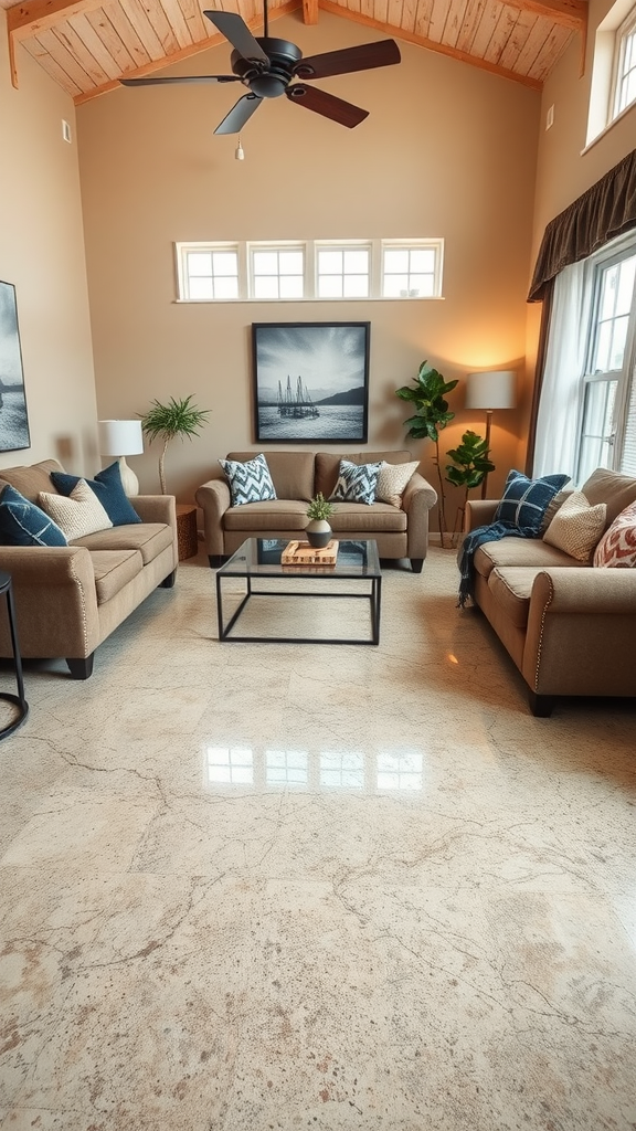 Cozy living room featuring a colorful epoxy floor with artistic designs