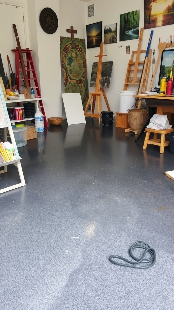 A colorful epoxy floor design featuring swirling patterns in vibrant hues, resembling a cosmic landscape, in a modern kitchen space.