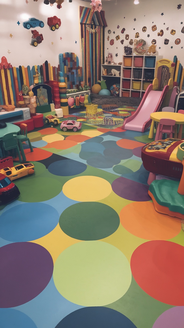 A colorful playroom with vibrant epoxy flooring featuring large circles in different colors, surrounded by toys and play equipment.