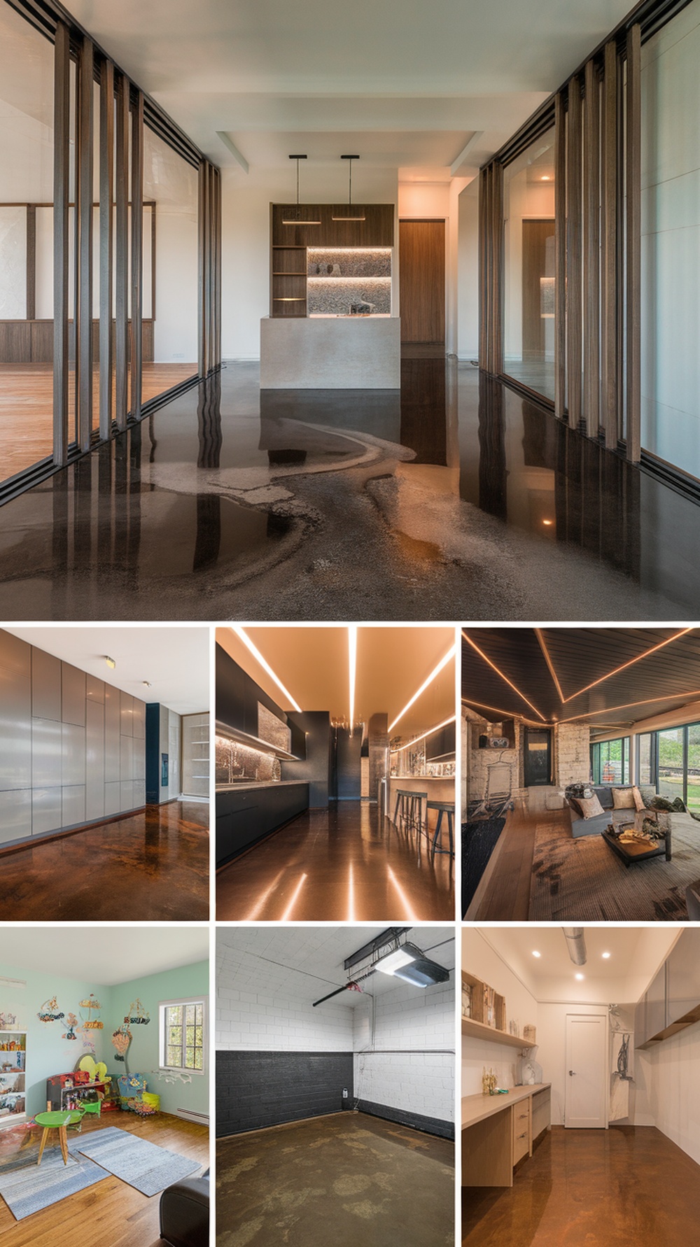 Colorful epoxy flooring in various playful spaces, showcasing vibrant designs and stained concrete options.