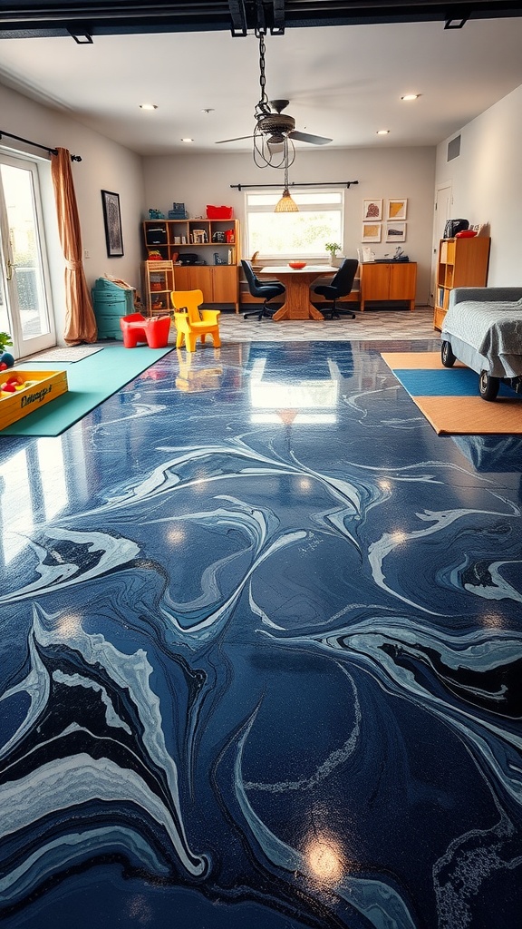 Colorful epoxy flooring in a playroom with blue and white swirls.