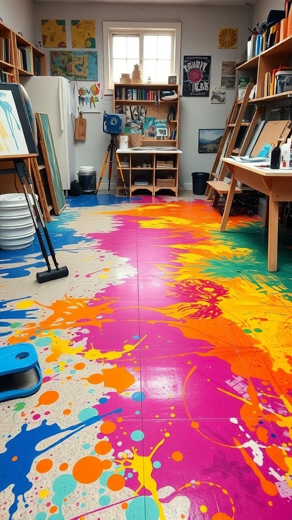 A vibrant epoxy floor with colorful splatter designs in an art studio