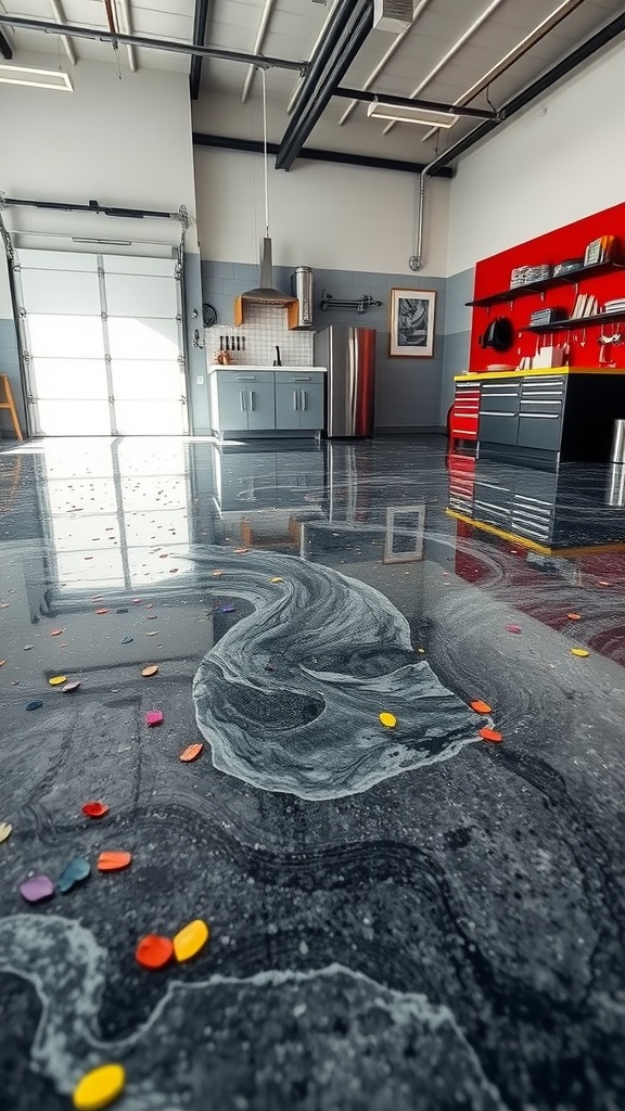 A modern garage with a glossy marbled epoxy floor featuring colorful flakes.