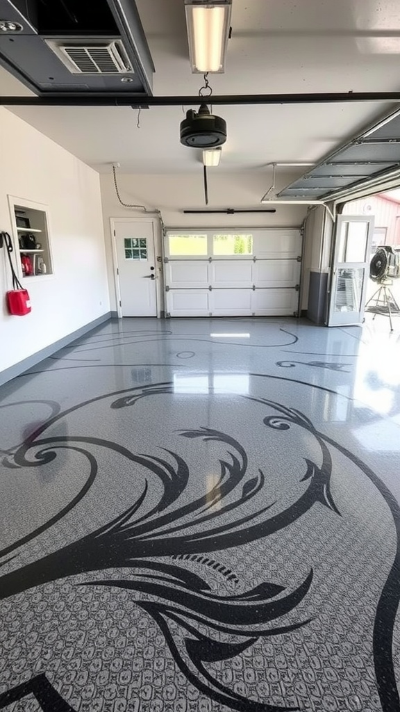 A colorful epoxy garage floor with vibrant flake designs and bright walls.