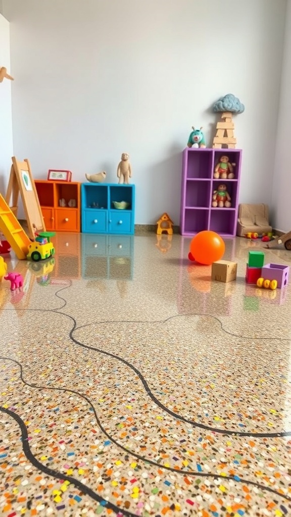 A colorful flake epoxy floor in a bright room with toys scattered around.
