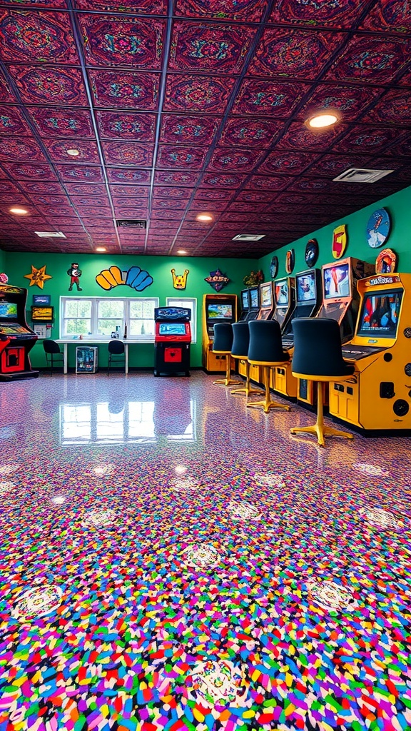 Colorful flake epoxy floor design with swirls in vibrant colors