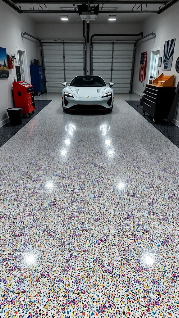 Garage floor with colorful flake epoxy coating and a car parked inside