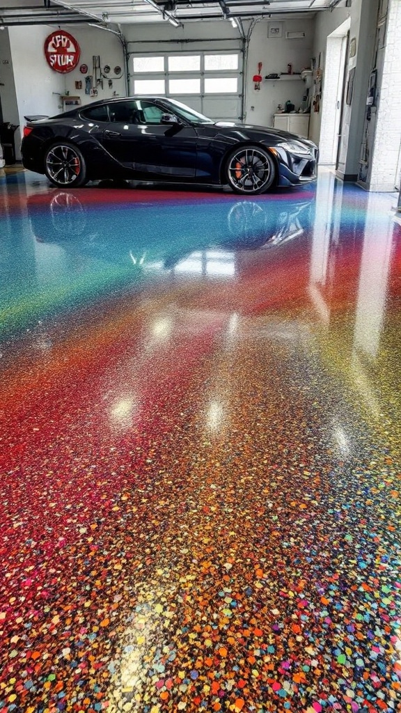 A sleek black car parked on a colorful flake epoxy floor in a garage.