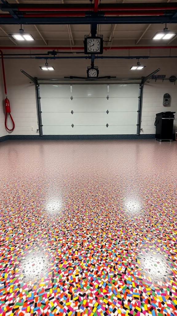 Colorful flake epoxy finish on a garage floor, featuring a variety of bright colors and a shiny surface.