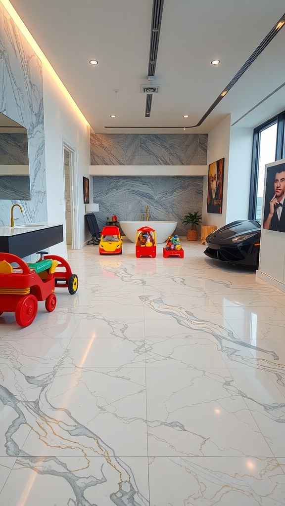 A modern living space featuring marble epoxy flooring with colorful playful elements.