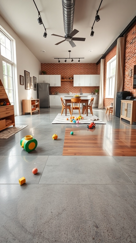A modern kitchen with polished concrete floors featuring colorful flake epoxy finishes, toys scattered on the floor.