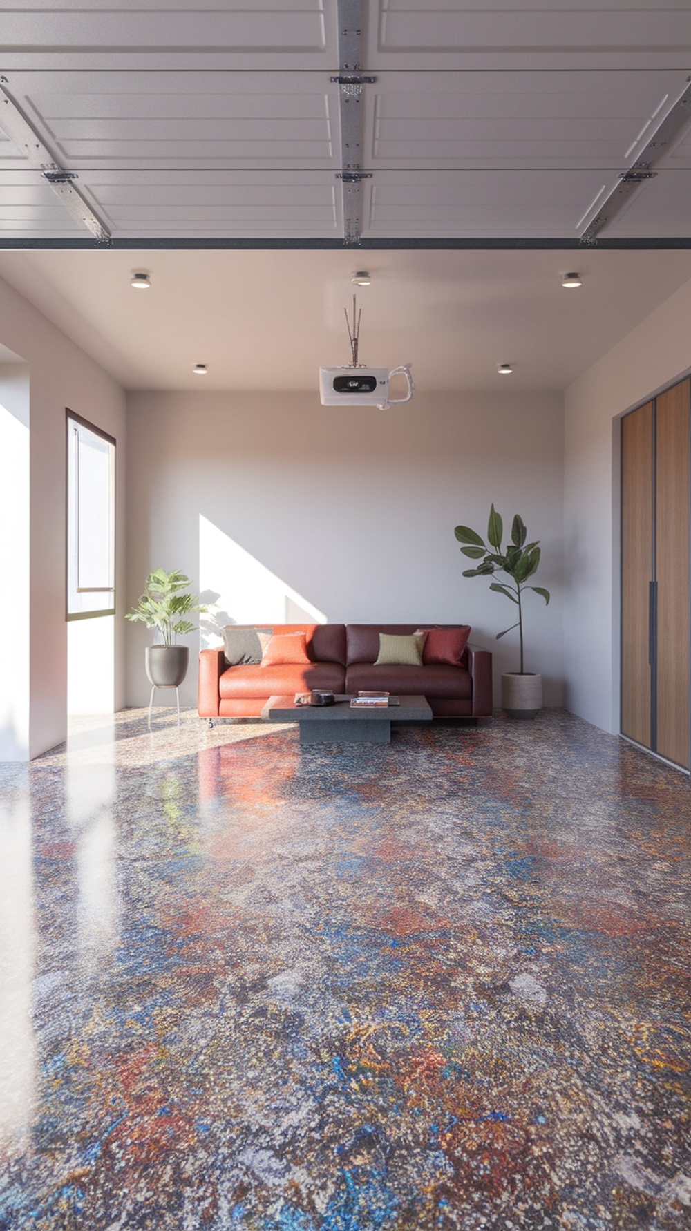 Colorful flake epoxy floor in a modern living space with a couch and plants.